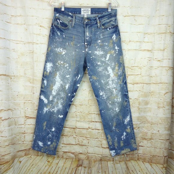 Frame X Jordan Barrett Paint Splatter Jeans W 25 M 27 Blue Zip Fly Grunge NWOT